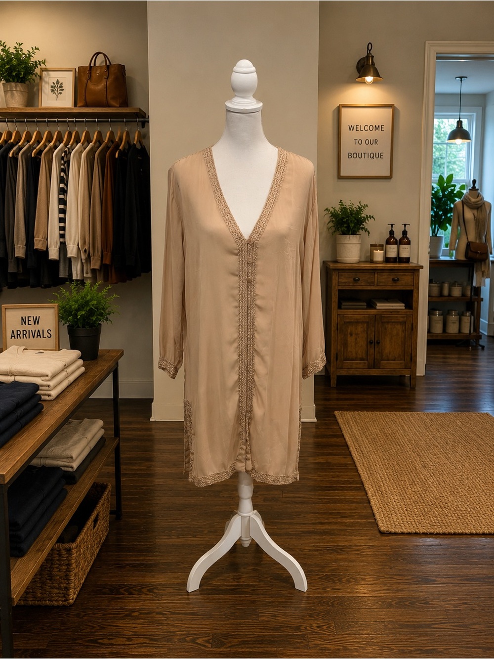 Zury S/M Tan Lace Trim Longline Duster Cardigan Cover-Up